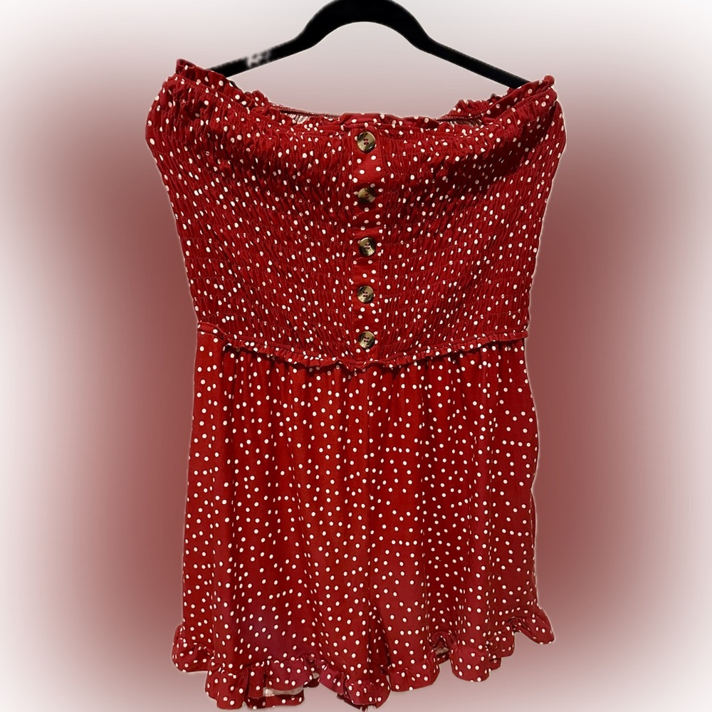 🇺🇸 Sale Red Strapless Polka Dot Romper